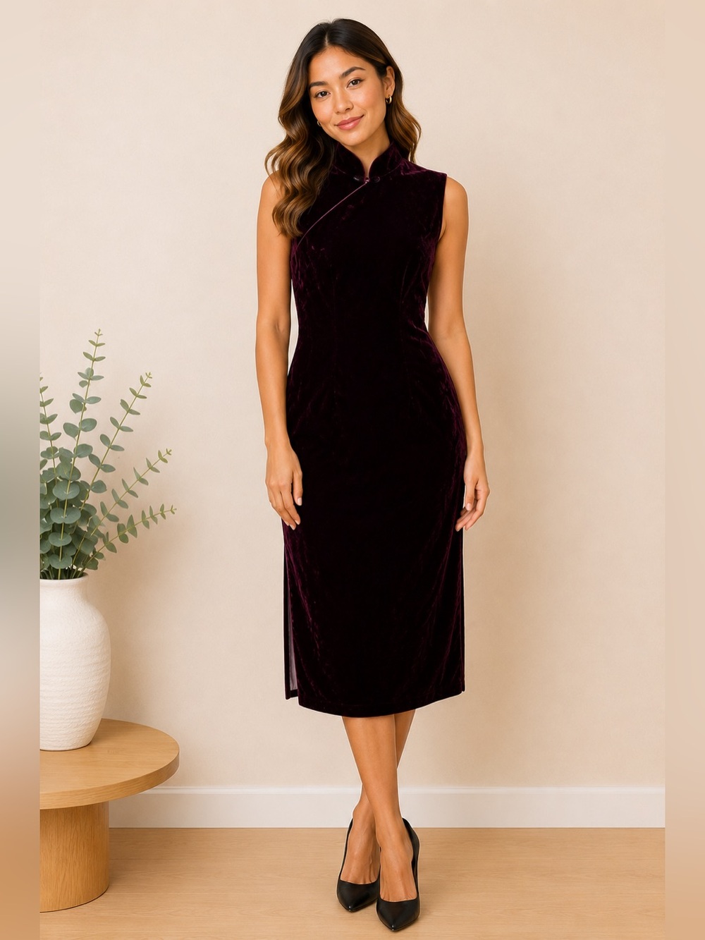 Burgundy Velvet Mock Neck Side Slit Midi Dress XS